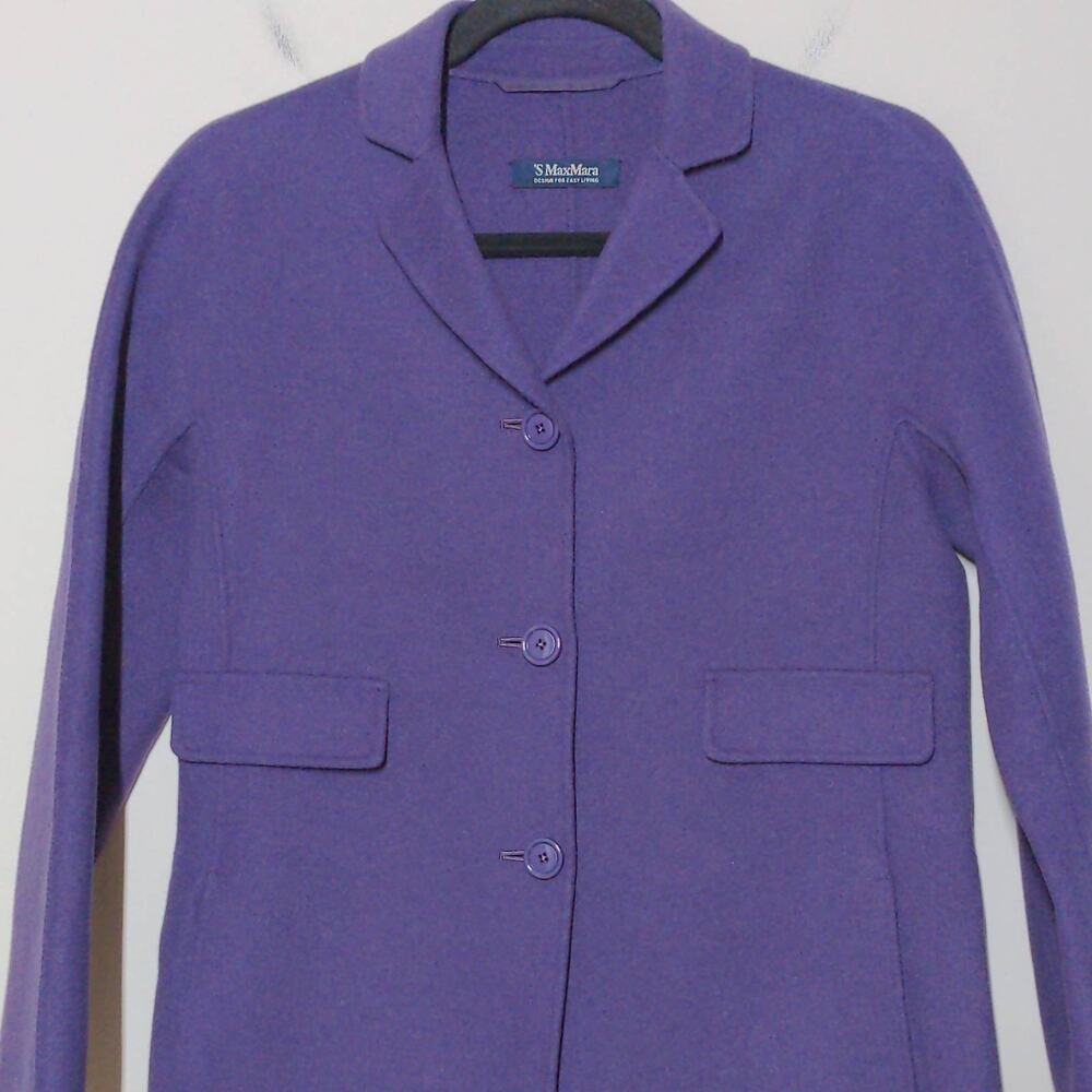 'S Max Mara Womens Overcoat Purple Knee Length Pockets 100% Wool Collar 8